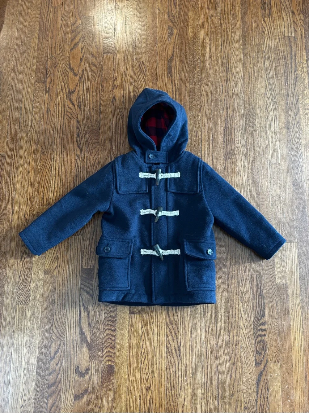 Baby GAP - Navy wool blend Pea Coat with Toggles and Red Plaid hood Lining